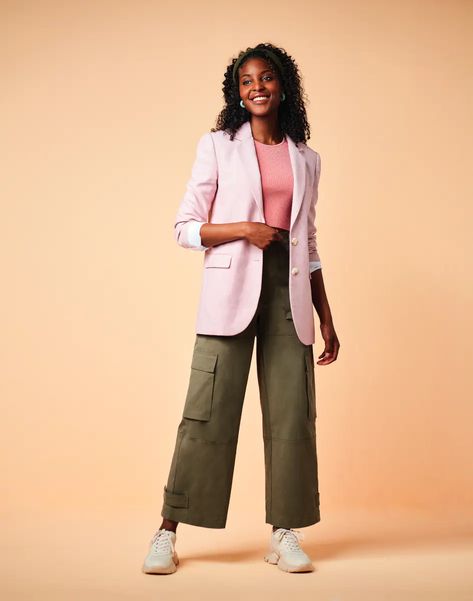 Blazer And Cargo Pants, What To Wear With Cargo Pants, Sneakers To Work, Pink Utility Jacket, Army Aesthetic, Sleeveless Wrap Top, Fit Cargo Pants, Long Denim Jacket, Colour Contrast