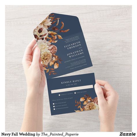 Navy Fall Wedding All In One Invitation Orange Navy Blue Wedding, Navy Fall Wedding, Fall Wedding Invitation Suite, Unique Wedding Ceremony Ideas, Autumn Romance, Colored Roses, Watercolor Floral Wedding Invitations, Teal Wedding, Fall Wedding Invitations