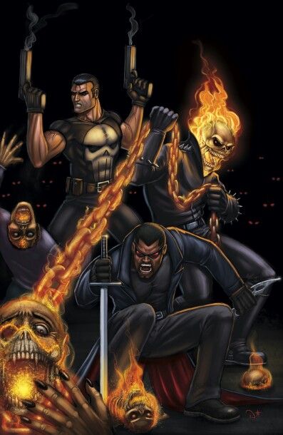 Punisher Blade and Ghost Rider Ghost Rider Punisher, Marvel Blade, Blade Marvel, Marvel Knights, Frank Castle, Charlie Cox, Marvel Characters Art, Black Comics, Jon Bernthal