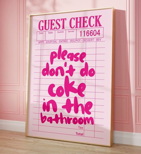 Guest Check Print, Hot Pink Walls, Preppy Decor, Pink Bar, Guest Check, Bar Cart Art, Bar Poster, Funny Bathroom Decor, Girly Wall Art