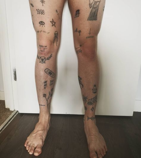 Simple Patchwork Leg Tattoo, Patchwork Calf Sleeve Tattoo, Leg Patch Work Tattoo Men, Men Patchwork Tattoo Leg, Patchwork On Legs Tattoo, Patch Work Tattoo Ideas Leg, Guy Tattoos Leg, Stick And Poke Leg Tattoo, Scattered Leg Tattoos