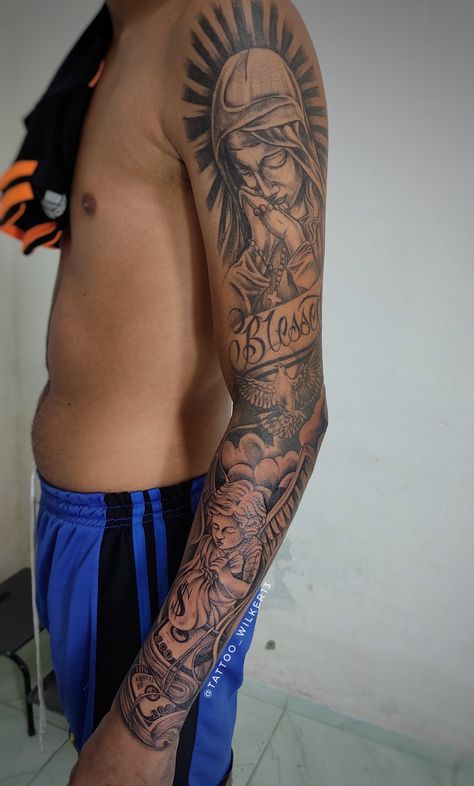 2003 Tattoo Ideas Men, Outer Bicep Tattoo Men Sleeve, Outer Sleeve Tattoo, 2002 Tattoo Ideas For Men, Chicano Arm Tattoo, Top Arm Tattoo For Men, Outer Arm Tattoo Men, Upper Arm Sleeve Tattoos For Guys, Back Bicep Tattoo