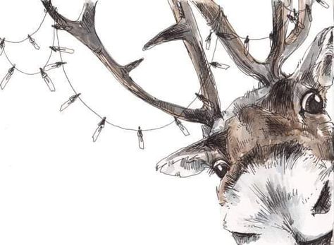 Reindeer Christmas Painting, Christmas Cards Cute Drawing, Art On Grey Paper, Holiday Watercolor Ideas, Christmas Animal Drawing, Christmas Deer Painting, Christmas Illustration Drawing, Reindeer Drawing Christmas, Winter Drawings Christmas