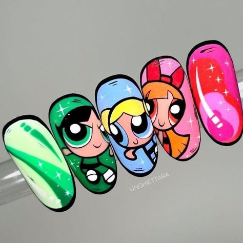 Him Nails Powerpuff, Cartoons Nails Art, Powerpuff Girls Nails Acrylic, Nails Cartoon Design, Cartoon Nails Disney, Powerpuff Girls Nail Art, Cartoon Art Nails, Powerpuff Nails, Cartoon Character Nail Art