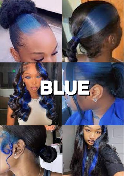 Royal Blue Skunk Stripe Hair, Hair Dye Ideas Black Women Blue, Natural Blue Hair Black Women, Blue Picaboo Hair, Light Blue Skunk Stripe Hair, Black And Blue Hair Black Women, Blue Peekaboo Hair Black Women, Skunk Streak Hair Black Women, Blue Hair Dye Black Women