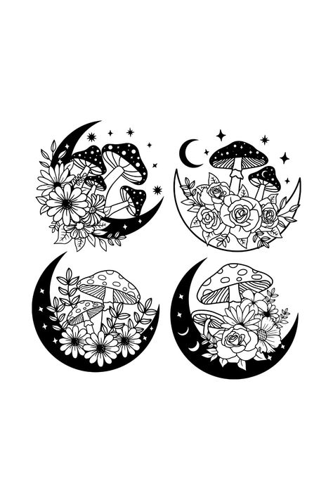 Mystical Moon with Mushroom SVG Sun And Moon Mushroom Tattoo, Mushroom With Moon Tattoo, Mushrooms Line Art, Planet Line Drawing, Mushroom With Flowers Tattoo, Girly Mushroom Tattoo, Mushroom Moon Drawing, Celestial Mushroom Tattoo, Free Mushroom Svg