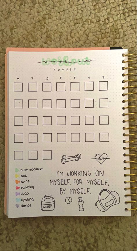 Exercise Tracker Bullet Journal, Bujo Workout Tracker, Workout Tracker Bullet Journal, Workout Bullet Journal, Fitness Bullet Journal Ideas, Workout Journal Ideas, Bujo Fitness, Journal Workout Tracker, Fitness Journal Ideas