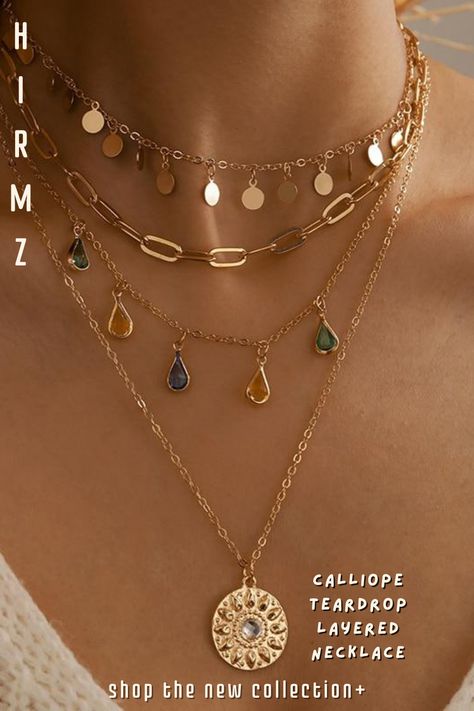 This glamorous Calliope teardrop boho layered necklace features layers of the cultured sunrise pendant, a gold-plated locked chain style,making it a stand-out pick for summer layering. #hippienecklace #boholayerednecklace #beadednecklace #layeredpearlchokernecklace #longlayerednecklace #prettynecklace Boho Layered Necklaces, Boho Jewelry Aesthetic, Realtor Outfits, Aesthetic Beads, Layering Ideas, Artistic Room, Summer Layering, Pendants For Women, Aesthetic Boho