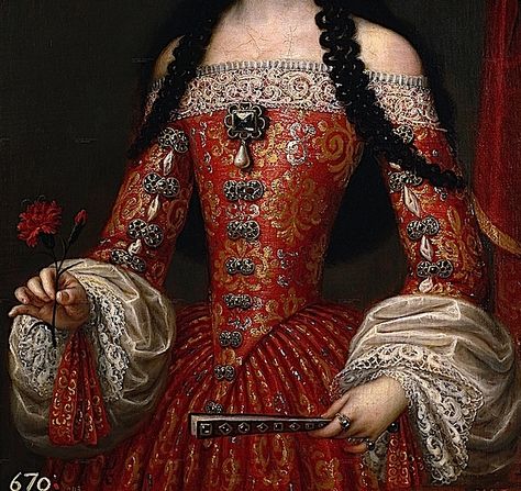 1679 Maria Luisa Orleans by Juan Carreño de Miranda Queen Of Spain, 17th Century Fashion, Detailed Paintings, Witch Aesthetic, Old Paintings, Clothing Details, Detail Art, Fashion Painting, Historical Clothing