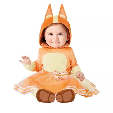 Baby Bingo Dress Costume - Bluey - Spirithalloween.com Family Group Costumes, Bluey And Bingo Costume, Bingo Costume, Disney Baby Costumes, Safari Costume, Firefighter Costume, Disney Baby Clothes, Horror Costume, Bluey Bingo