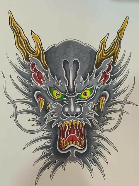 Japanese Demon Tattoo, Traditional Japanese Tattoo Flash, Dragon Head Tattoo, Horse Tattoo Design, Dragon Tattoo Art, Traditional Tattoo Designs, Chinese Artwork, Dragon Face, Japanese Dragon Tattoos