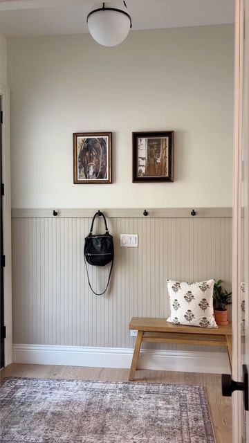 Mudroom Ideas Entryway Beadboard, Wainscoting Small Entryway, Half Painted Wall With Wood Trim, Beadboard Front Entry, Painted Beadboard Wainscoting, Bathroom Beadboard With Hooks, Wainscotting With Hooks, Beadboard Coat Rack Wall Diy, Painted Wainscoting Entryway