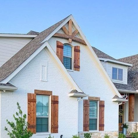 Brick Ranch Remodel, Brick Farmhouse Exterior, Cedar Beams, Brick Farmhouse, Cedar Shutters, House Shutters, Ranch Remodel, Bungalow Renovation, Brick Ranch