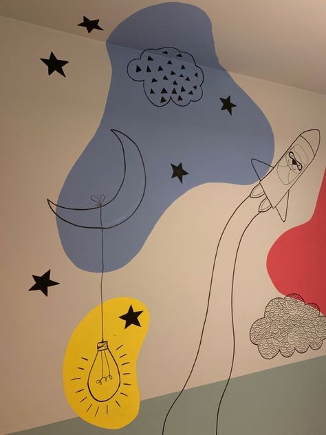 bedroom wall painting ideas Kids Mural Ideas Bedrooms, Simple Mural Ideas, Playroom Mural Ideas, Playroom Murals, Bedroom Wall Painting Ideas, Bedroom Wall Painting, Playroom Mural, Kindergarten Interior, Wall Painting Ideas