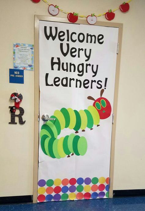 very hungry caterpillar door The Very Hungry Caterpillar Classroom Door, The Very Hungry Caterpillar Door Decor, The Hungry Caterpillar Bulletin Board, Caterpillar Door Decorations Classroom, Very Hungry Caterpillar Door Decoration, Very Hungry Caterpillar Preschool Theme, Back To School Prek Bulletin Boards, Eric Carl’s Classroom Theme, The Very Hungry Caterpillar Class Theme