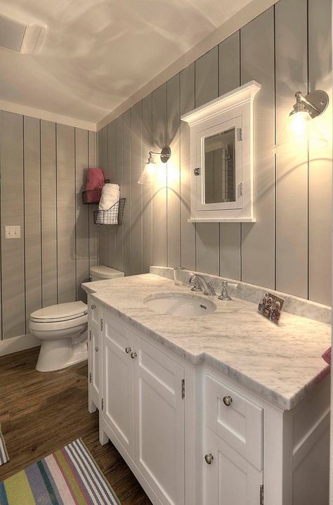 Grey Shiplap Paint Color Sherwin Williams SW 7057 Silver Strand. Grey Shiplap Paint Color Sherwin Williams SW 7057 Silver Strand Fixer Upper Grey Shiplap Paint Color Sherwin Williams SW 7057 Silver Strand #FixerUpper #GreyShiplap #Shiplap #PaintColor #shiplappaintcolor #SherwinWilliamsSW7057SilverStrand Cottage Bathroom Design Ideas, Gray Shiplap, Cottage Interior Design, Shiplap Bathroom, Cottage Bathroom, Bathroom Paint Colors, Cottage Interior, Interior Painting, Cottage Interiors