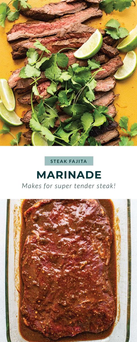 In less than 5 minutes you can whip up a delicious steak fajita marinade that will infuse your steak with salsa verde, fajita spices and a hint of lime! It's the perfect start to steak fajitas. Flank Steak Fajita Marinade, Fajitas Marinade, Steak Enchiladas, Healthy Marinades, Beef Fajita Marinade, Steak Fajita Marinade, Flank Steak Fajitas, Marinade Flank Steak, Fajita Spices