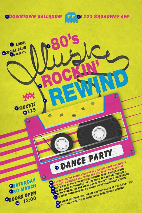 80s Posters, 80s Poster, Posters For Room, Poster Idea, 80s Theme, Party Tickets, Music Flyer, Music Festival Poster, Dance Parties