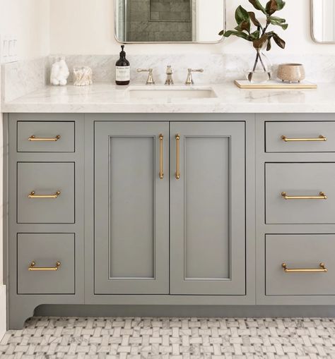 Pale Green Bathroom Vanity, Seafoam Bathroom Vanity, Grey Green Bathroom Vanity, Light Sage Green Bathroom Cabinets, Sea Salt Cabinets Bathroom, Taupe Vanity Bathroom, Boho Bathroom Cabinet Colors, Gray Restroom Ideas, Sage Vanity Bathroom