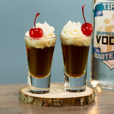 DR P SHOTS 1 Part Whipped Cream Vodka 1 Part Dr Pepper Garnish: Whipped Cream/Cherry PREPARATION 1. Pour whipped cream vodka half way into shot glass and top with Dr Pepper. Garnish with whipped cream vodka and a cherry. DRINK RESPONSIBLY! Whipped Cream Vodka Recipes, Dessert Drinks Alcohol, Birthday Cake Shots, Pudding Shot Recipes, Shots Alcohol Recipes, Shooter Recipes, Whipped Vodka, Whipped Cream Vodka, Cake Shots