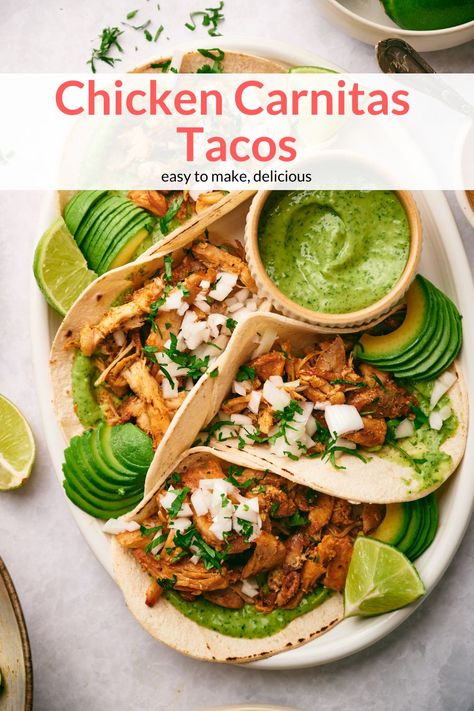 Chicken Carnitas Tacos, Chicken Carnitas, Carnitas Tacos, Mexican Side Dishes, Freezer Food, Slender Kitchen, Pork Carnitas, Green Salsa, Chicken Taco