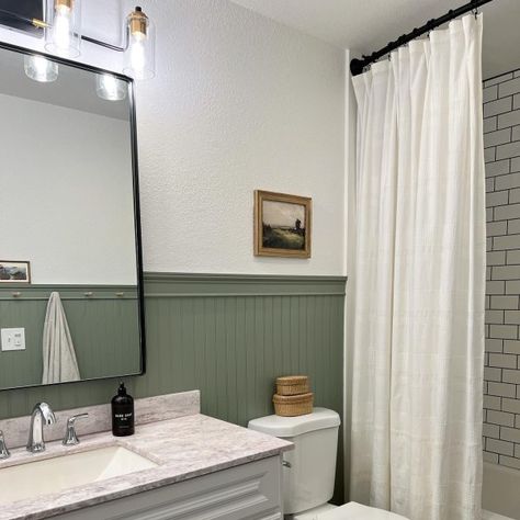 Green Beadboard Bathroom, Evergreen Fog Bathroom, Bathroom Refresh Ideas, Evergreen Fog Paint, Green Beadboard, Evergreen Fog, Sherwin Williams Green, Beadboard Bathroom, Proud Of Myself