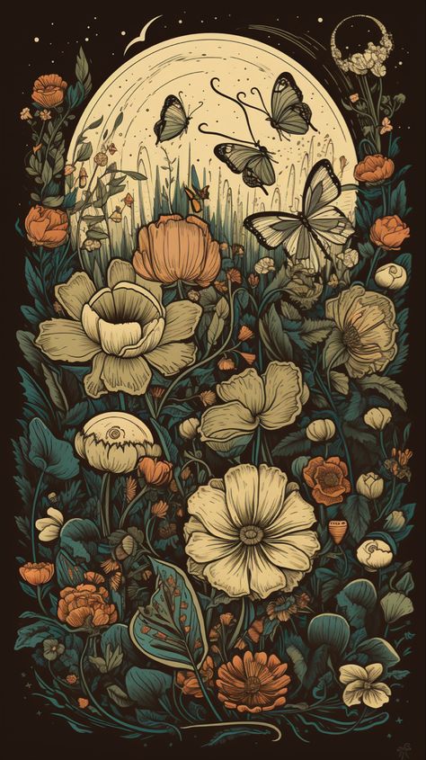 Cellphone wallpaper with butterflies, flowers, full moon, orange, beige, teal, bohemian aesthetic Witchy Wallpaper, Flowers And Butterflies, Phone Wallpaper Patterns, Cool Wallpapers Art, Pretty Wallpapers Backgrounds, Dreamy Art, Fall Wallpaper, Cellphone Wallpaper, Cute Wallpaper Backgrounds