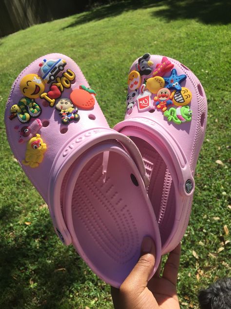 Bae #crocs #gibbitz #pink Hot Pink Crocs With Jibbitz, Light Pink Crocs With Jibbitz, Bae Crocs, Pink Croc With Charms, Pink Croc Inspiration, White Crocs Pink Charms, Crocs With Jibbitz, Croc Ideas, Crocs Ideas