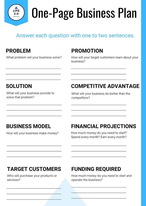 One page business plan template to get your idea off the ground. Print out this business planner pdf and start today..#digitalmarketing #onlinemarketing #socialmediastrategy #contentmarketing #SEOstrategy #digitaladvertising Starting A Web Design Business, Business Plan Outline Templates, 5 Year Business Plan, Business Plan Questions, Business Financial Plan, Business Plan Example Ideas, How To Do A Business Plan, Business Board Ideas, Business Planning Aesthetic