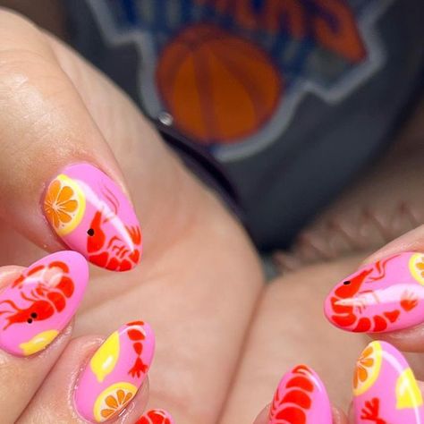 JMoneyNails on Instagram: "Shrimps! Lemons! 🦐🍋 #nails #nailart #nyc #nycnails #handpainted #brooklyn #shrimp" Shrimp Nail Art, Lobster Nail Art, Shrimp Nails, Lemon Nails, Lemon Shrimp, Nyc Nails, June 1, Funky Nails, Chic Nails