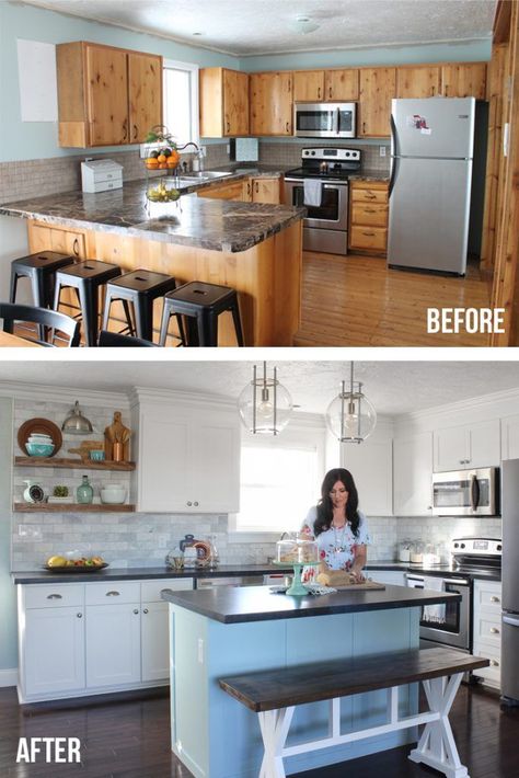 Kitchen Remodel Before and After Photos. They remodeled their kitchen on a budget and did all the work themselves! Kitchen Remodel With Island, Budget Kitchen Remodel, Kitchen Diy Makeover, White Kitchen Remodeling, Kabinet Dapur, Kitchen Remodel Before And After, Big Kitchen, Cabinet Ideas, After Pictures