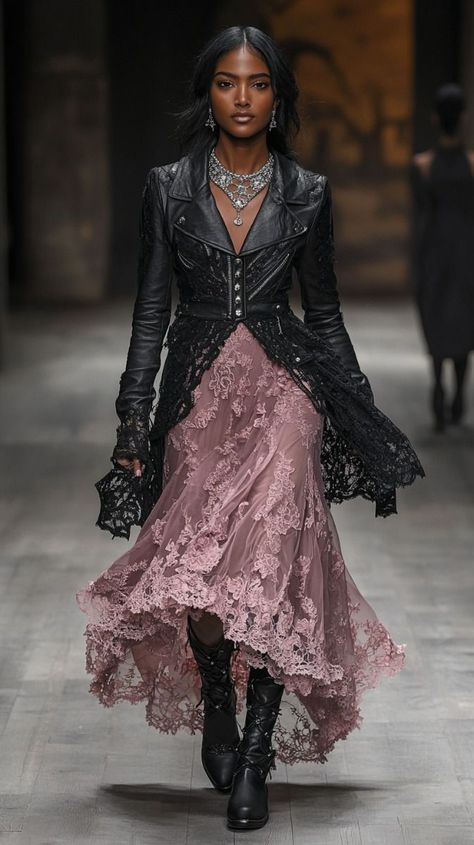 Mixed Fashion Style, Lace Dress With Leather Jacket, Asymmetrical Outfit Fashion, Leather Jacket Ideas Outfit, Victorian Street Style, Lace Leather Jacket, Highly Feminine Outfits, Outfits For Leather Jackets, Prom Dress With Leather Jacket