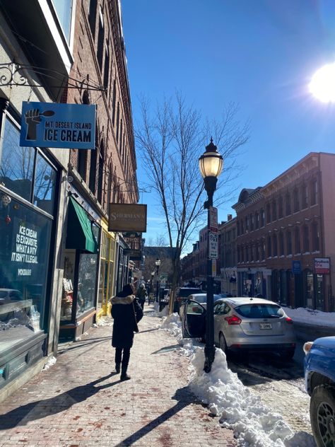 Downtown Winter Aesthetic, Portland Maine Winter, Snowy Town Aesthetic, Maine Snow, Snowy Small Town Aesthetic, Maine Winter, Downtown Portland, Portland Maine, St Catherine