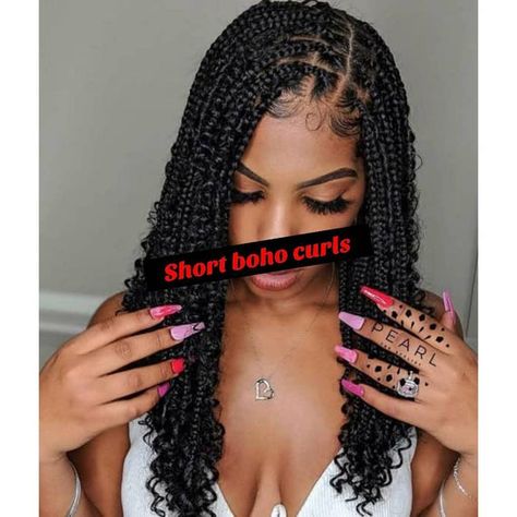 Boho Box Braids Short, Short Boho Box Braids, Box Braids Short, Frontal Braids, Curled Box Braids, Boho Box Braids, Braids Short, Colored Box Braids, Twist Box Braids