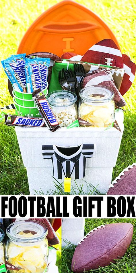 FOOTBALL GIFT BASKET- Learn how to make a quick and easy diy homemade football gift box. It includes all the essentials you would need to throw a successful football party- snacks, chips, popcorn, candy, plates, napkins. Great for kids, boys, men, players and fun for Super bowl party too. From CakeWhiz.com #gameday #homemade #gift #football #dessert #party Football Dessert, Football Gift Baskets, Super Bowl Gifts, Football Party Snacks, Football Things, Theme Baskets, Hs Football, Snacks Chips, Popcorn Candy