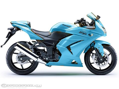 Ninja in baby blue Kawasaki Ninja Bike, Moto Ninja, Beginner Motorcycle, Ninja Bike, Pink Motorcycle, Kawasaki Ninja 250r, 250cc Motorcycle, Kawasaki Bikes, Pink Cars