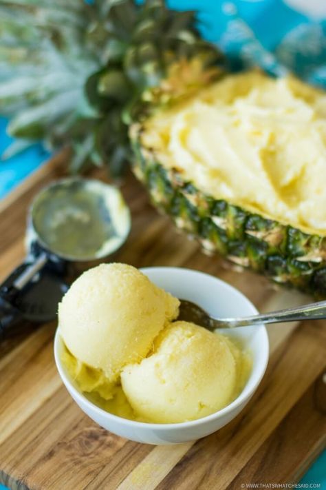 This 3 ingredient Fresh Pineapple Frozen Yogurt Recipe will soon become one of your favorite recipes! Sweet and creamy and easy to make! Pineapple Frozen Yogurt, Pineapple Sorbet Recipe, Yogurt Dessert Recipes, Frozen Yogurt Recipe, Homemade Frozen Yogurt, Pineapple Sorbet, Pineapple Ice Cream, Luau Ideas, Frozen Yogurt Recipes