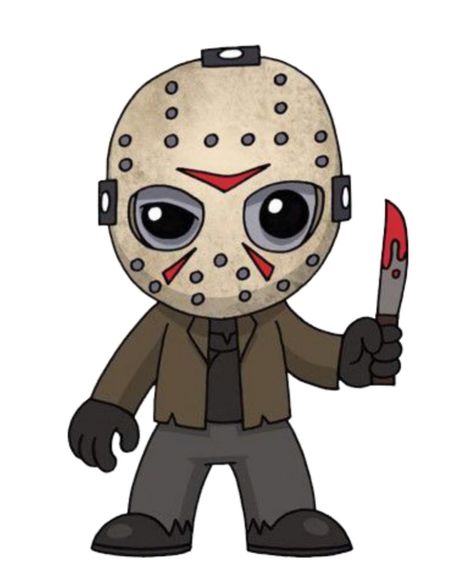 Animated Horror Characters, Jason Drawing Easy, Horror Movie Clipart, Halloween Cartoon Characters Drawing, Chibi Jason Voorhees, Chibi Horror Characters, Cartoon Halloween Drawings, Jason Voorhees Cartoon, Horror Cartoon Drawing