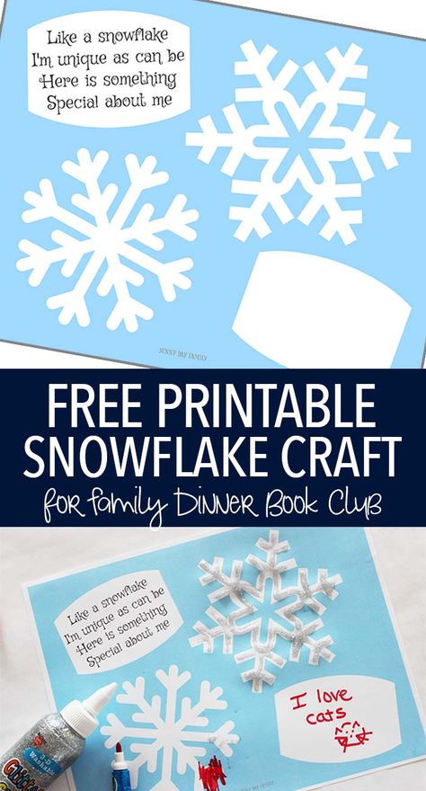 Free printable snowflake activity for kids! Decorate your own snowflakes and share what makes you unique too - just like a snowflake! A perfect craft for Family Dinner Book Club's pick of Snowflake Bentley. Craft For Family, Snowflake Activity, Snowflakes For Kids, Snowflake Bentley, Snowflake Craft, Winter Activities For Kids, Winter Preschool, Winter Crafts For Kids, Family Books