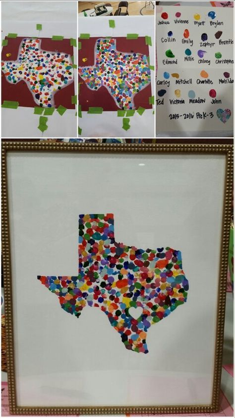 DIY Texas Fingerprint art for my son's preschool class Silent Auction project. Turned out amazing! Progress photos on top. We used a flat canvas. Each child's fingerprint was a different color and we put that on a separate page to give with the painting. #texasart #fingerprintart #auction #classproject Class Art Auction, Classroom Auction Projects, School Auction Art Projects, School Auction Projects, Class Auction Projects, Art Auction Projects, Class Auction, Group Art Projects, Platter Ideas