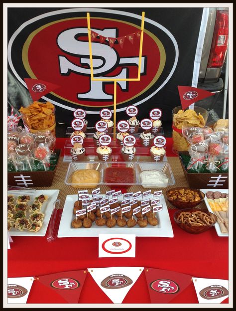 49ers Dessert Table 49ers Football Party, 49er Party, 49ers Birthday Party, Cheer Homecoming, 49ers Birthday, 49ers Party, Super Bowl Party Menu, Football Themed Party, Football Tailgate Party