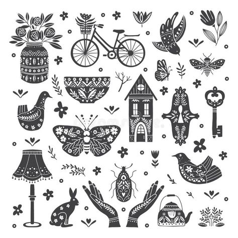 Set of Folk art cliparts in Scandinavian and Nordic style vector illustration Scandinavian Folk Art Swedish Style, Nordic Painting, Scandinavian Pattern, Folk Art Flowers, Scandinavian Folk Art, Realism Art, Elements Of Art, Linocut Prints, Free Vector Art