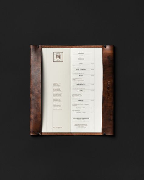 Sushiaria Menu Design by Another Collective Restaurant Catalogue Design, Restaurant Stationary Design, Menu Classic Design, Leather Menu Design, High End Menu Design, Japanese Menu Design, Menu Book Design, Restaurant Menu Design Ideas, Tasting Menu Design