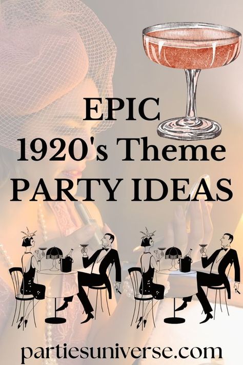 We share awesome ideas for a wild 1920's theme Gatsby Party! We share iconic looks, entertainment, decorations, food, cocktails and all you need 20s Themed Party Food, Twenties Themed Party, 1920 Themed Party, Gatsby Food Ideas, 20’s Theme Party, Roaring 20s Party Decorations Diy, 1920 Party Decorations, 1920s Birthday Party Ideas, 1920s Party Ideas