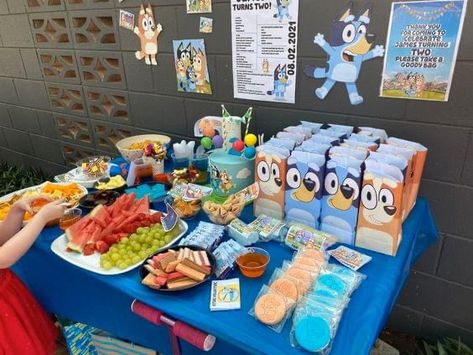 Third Birthday Bluey Theme, 1st Birthday Bluey Theme Food, Bluey Theme 1st Birthday, Bluey Bingo 2nd Birthday Party, Outside Bluey Party, Bluey Birthday Party 1st, Bluey Cake Table Ideas, Bluey Birthday Party At Home, Bluey 2 Birthday Party