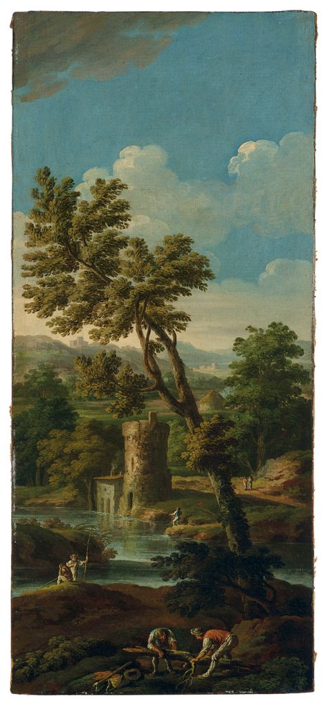 Paolo Anesi (Rome 1697-1773) | Italianate river landscape with figures breaking up a tree in the foreground, fishermen and mountains in the distance | 18th Century, Paintings | Christie's Landscape With Figures, 18th Century Landscape, Mountains In The Distance, River Landscape, Breaking Up, Artist Life, Landscape Painting, A Tree, 18th Century