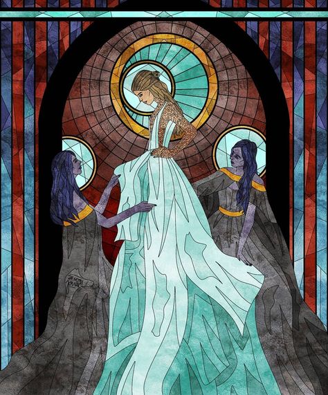 stained glass art on Instagram: “>>swipe for close ups :)>> so this is the finished version of Feyre, Nuala and Cerridwen (maybe I got the right spellings this time?) under…” Feyre Under The Mountain, Court Drawing, Under The Mountain, Sarah Maas, Feyre Archeron, Spring Court, Roses Book, Glass Art Pictures, A Court Of Wings And Ruin