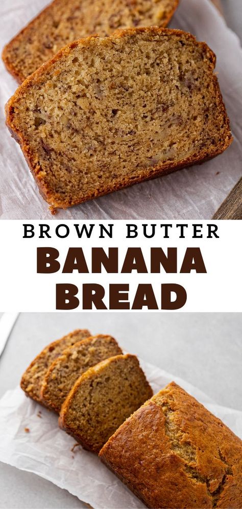 This brown butter banana bread uses ripe bananas and brown butter to bring you the most flavorful sweet bread ever. It is easy to make and is so so moist. The brown butter adds an amazing nutty depth of flavor to this quick loaf and will have you making it over and over again. #brownbutter #bananabread #Loafcake Brownies Banana, Brown Butter Banana Bread, Banana Bread Brownies, Butter Banana Bread, Banana Bread Loaf, Quick Dessert Recipes, Banana Bread Muffins, Fruit Dessert Recipes, Easy Banana Bread Recipe