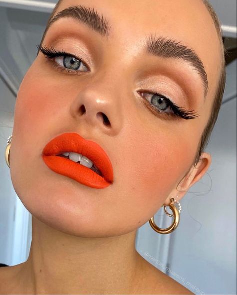 Orange Lipstick Makeup, No Emoji, Fluffy Brows, Looks For Summer, Makeup Masterclass, Beauty Zone, Orange Lipstick, Orange Lips, Bold Lip