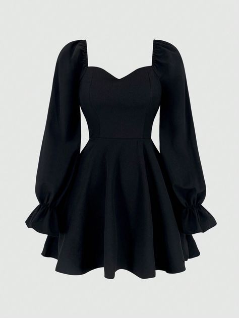 Concert Dresses Classical, Cute A Line Dresses, Full Sleeve Black Dress, Cute Black Dresses Classy, Simple Dresses For Teens, Sweetheart Neckline Black Dress, Gathers Dress, Outfits Dresses Casual, Cute Outfits Dresses